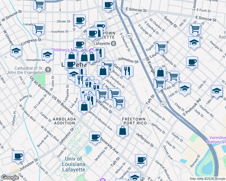map of restaurants, bars, coffee shops, grocery stores, and more near 510 East Main Street in Lafayette