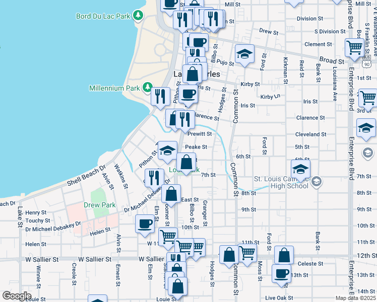 map of restaurants, bars, coffee shops, grocery stores, and more near 405 6th Street in Lake Charles