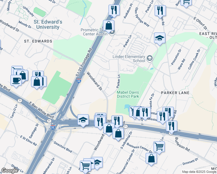 map of restaurants, bars, coffee shops, grocery stores, and more near 3424 Parker Lane in Austin