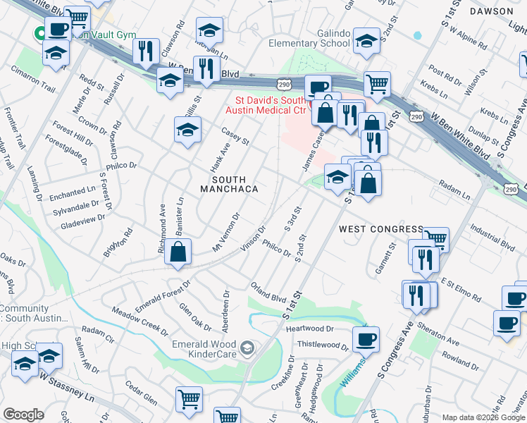 map of restaurants, bars, coffee shops, grocery stores, and more near 4511 Vinson Drive in Austin