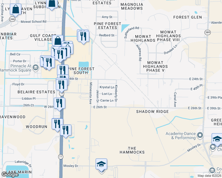 map of restaurants, bars, coffee shops, grocery stores, and more near 604 Lori Lane in Lynn Haven
