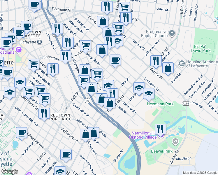 map of restaurants, bars, coffee shops, grocery stores, and more near 100-206 Gauthier Road in Lafayette