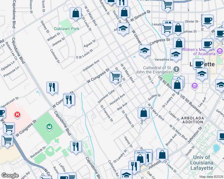 map of restaurants, bars, coffee shops, grocery stores, and more near 804 Souvenir Gate in Lafayette