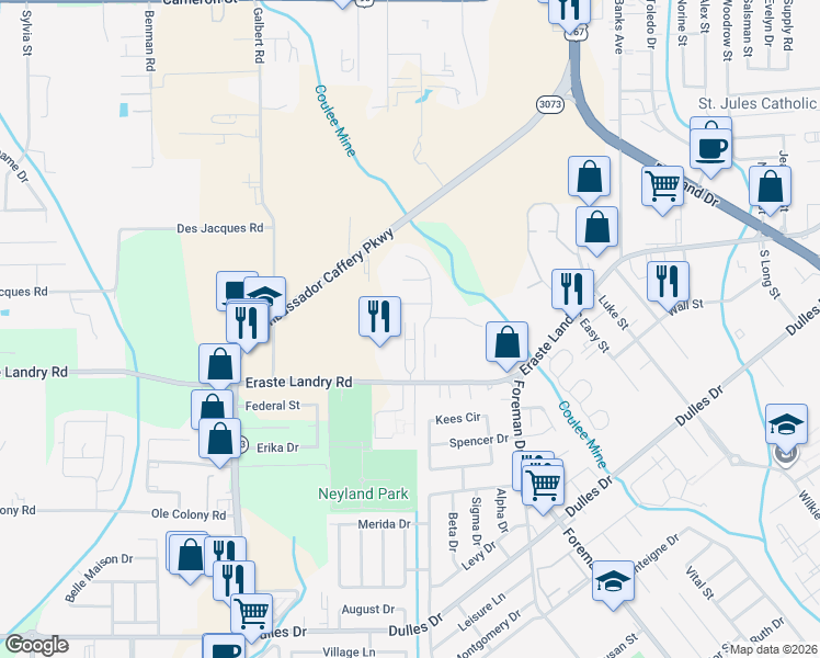map of restaurants, bars, coffee shops, grocery stores, and more near 115 Atmos Energy Drive in Lafayette