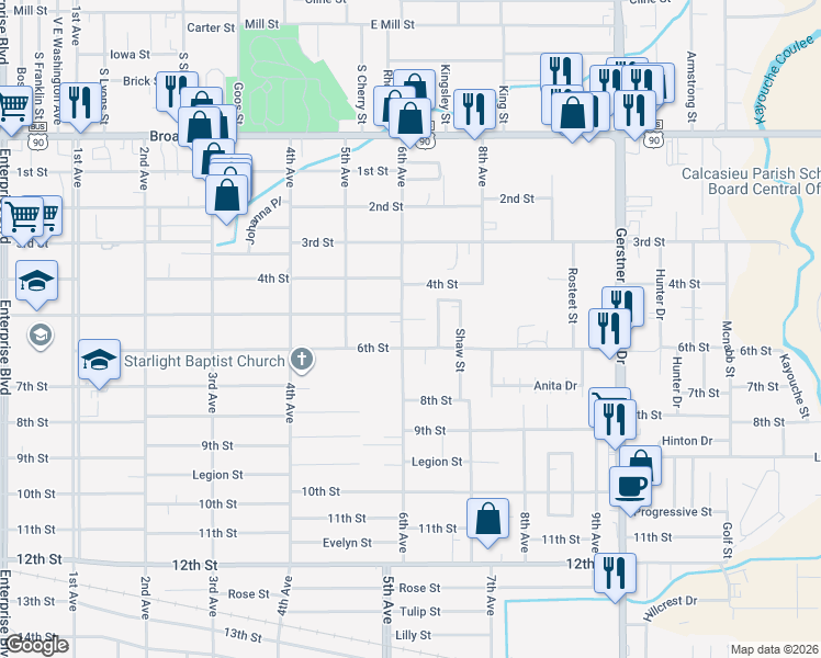 map of restaurants, bars, coffee shops, grocery stores, and more near 1420 6th Avenue in Lake Charles