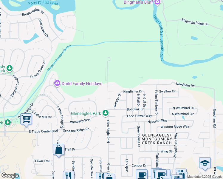 map of restaurants, bars, coffee shops, grocery stores, and more near 9805 Ibis Lane in Conroe