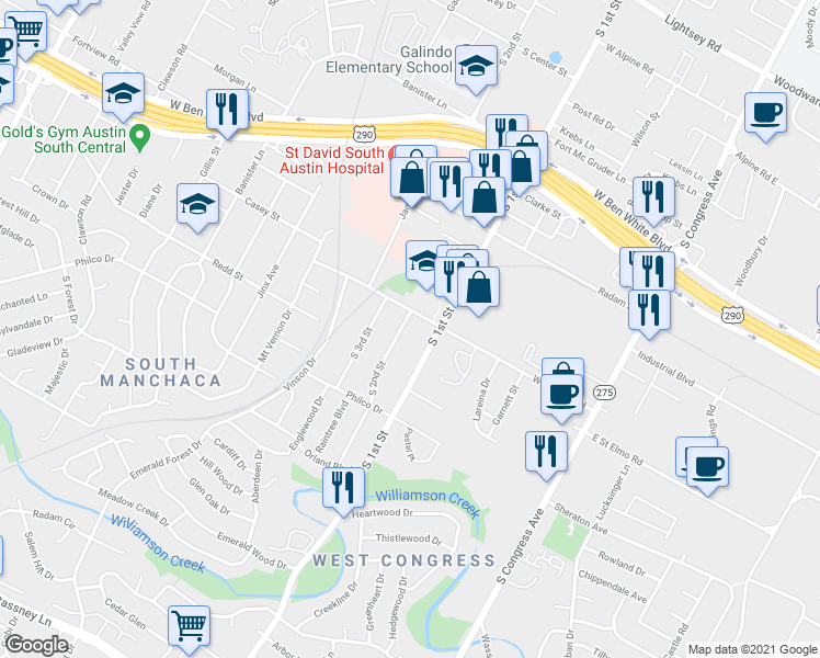 map of restaurants, bars, coffee shops, grocery stores, and more near 4405 South 2nd Street in Austin