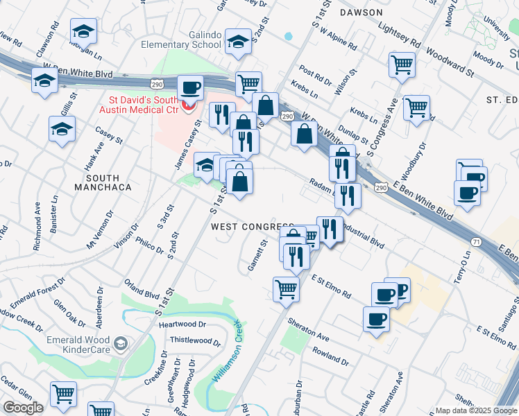 map of restaurants, bars, coffee shops, grocery stores, and more near 400 West Saint Elmo Road in Austin