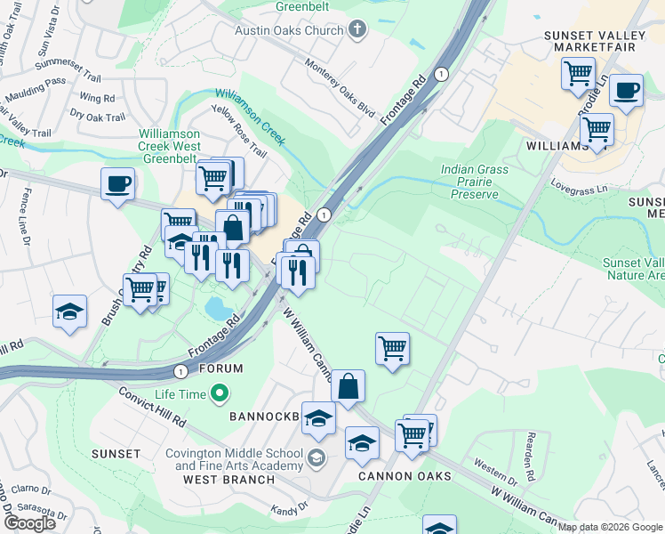 map of restaurants, bars, coffee shops, grocery stores, and more near 6611 South MoPac Expressway in Austin