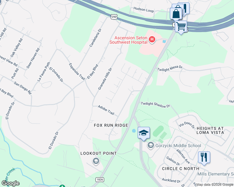 map of restaurants, bars, coffee shops, grocery stores, and more near 8804 Gallant Fox Road in Austin