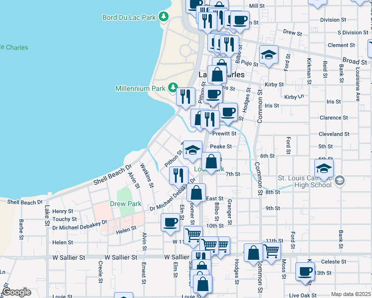 map of restaurants, bars, coffee shops, grocery stores, and more near 1501 Pithon Street in Lake Charles