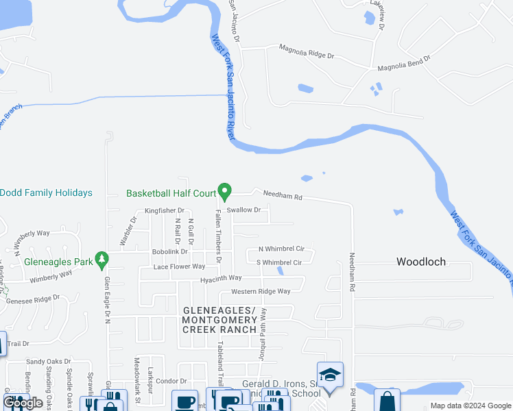 map of restaurants, bars, coffee shops, grocery stores, and more near 9945 Swallow Drive in Conroe