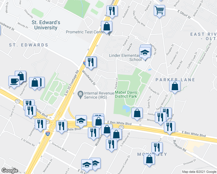 map of restaurants, bars, coffee shops, grocery stores, and more near 1720 Woodward Street in Austin