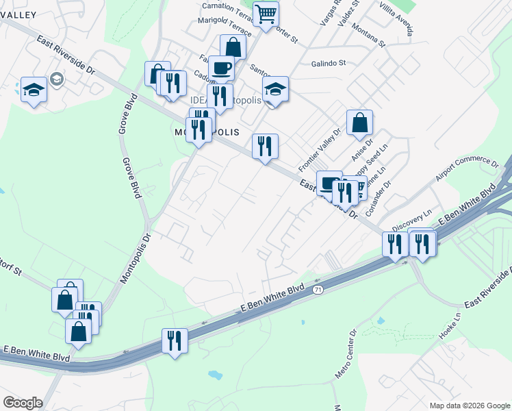 map of restaurants, bars, coffee shops, grocery stores, and more near 2215 Thrasher Lane in Austin