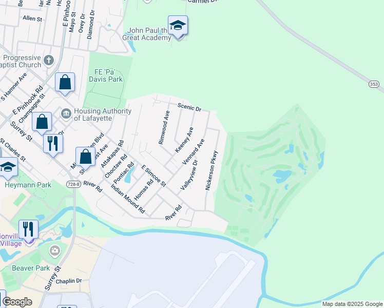 map of restaurants, bars, coffee shops, grocery stores, and more near 299 Vennard Avenue in Lafayette