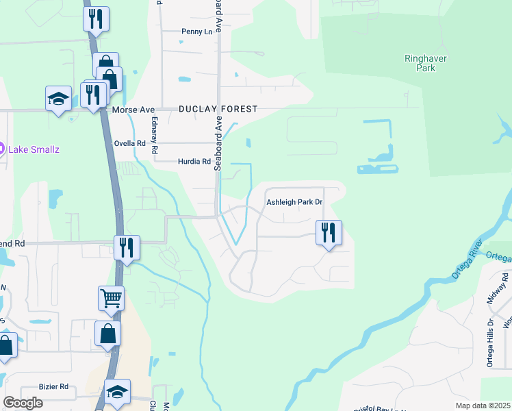 map of restaurants, bars, coffee shops, grocery stores, and more near 5631 Ortega Park Boulevard in Jacksonville