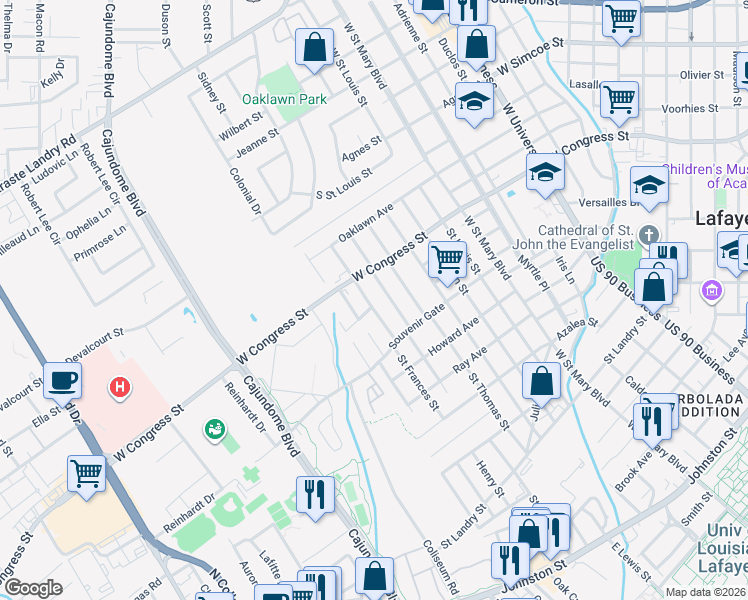 map of restaurants, bars, coffee shops, grocery stores, and more near 310 Brookside Drive in Lafayette