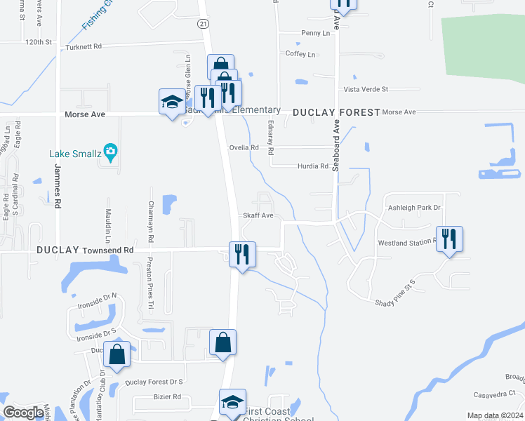 map of restaurants, bars, coffee shops, grocery stores, and more near 6860 Skaff Avenue in Jacksonville