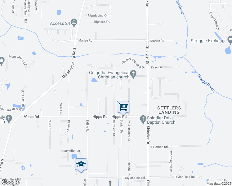 map of restaurants, bars, coffee shops, grocery stores, and more near 7005 Camfield Street in Jacksonville