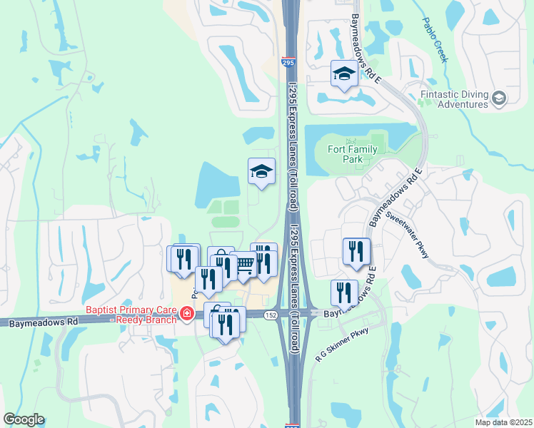 map of restaurants, bars, coffee shops, grocery stores, and more near 8000 Point Meadows Drive in Jacksonville