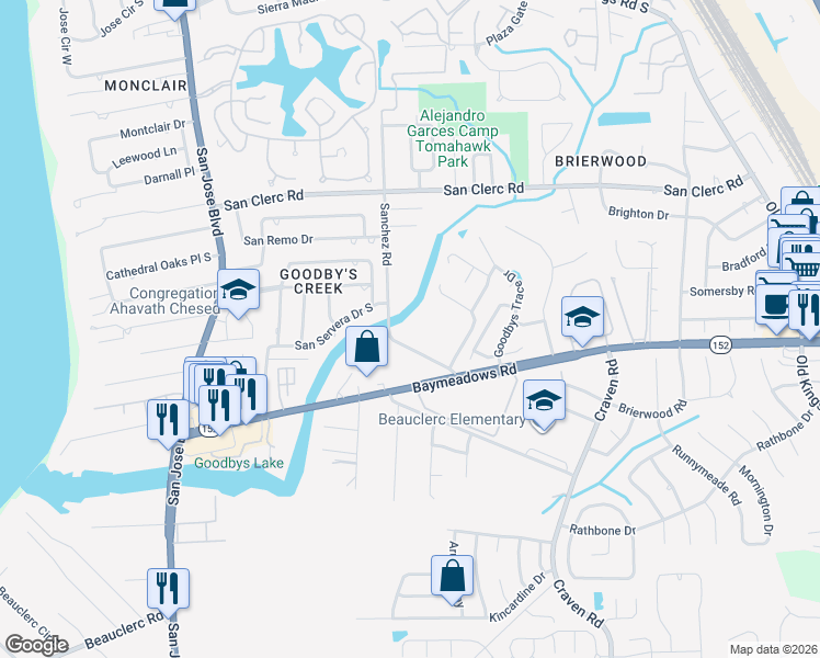 map of restaurants, bars, coffee shops, grocery stores, and more near 4479 Baymeadows Road in Jacksonville