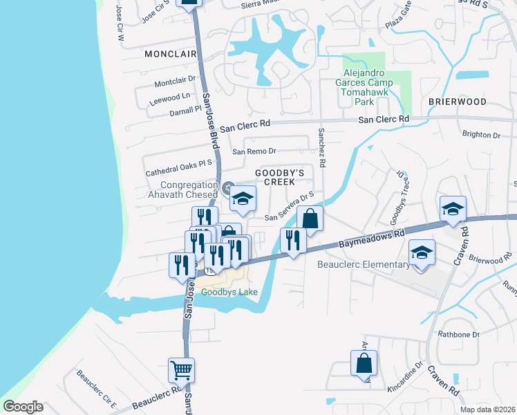 map of restaurants, bars, coffee shops, grocery stores, and more near 4008 San Servera Drive South in Jacksonville