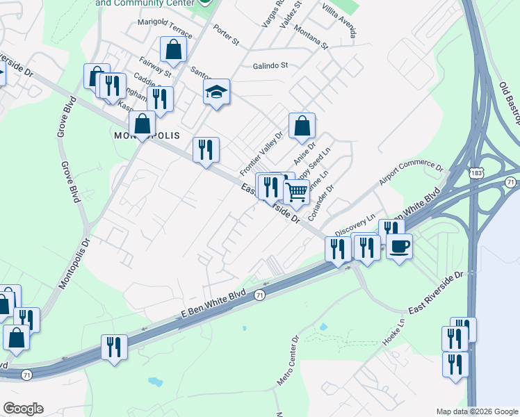 map of restaurants, bars, coffee shops, grocery stores, and more near 7208 Bertram Court in Austin