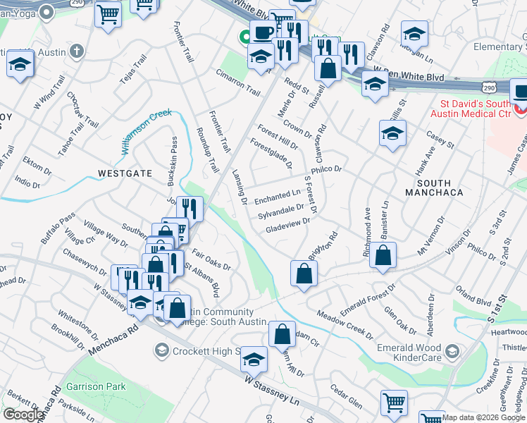 map of restaurants, bars, coffee shops, grocery stores, and more near 4915 Sylvandale Drive in Austin