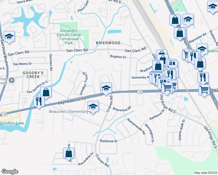 map of restaurants, bars, coffee shops, grocery stores, and more near 4847 Deermoss Way South in Jacksonville