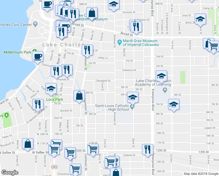 map of restaurants, bars, coffee shops, grocery stores, and more near 1321 East Ford Street in Lake Charles