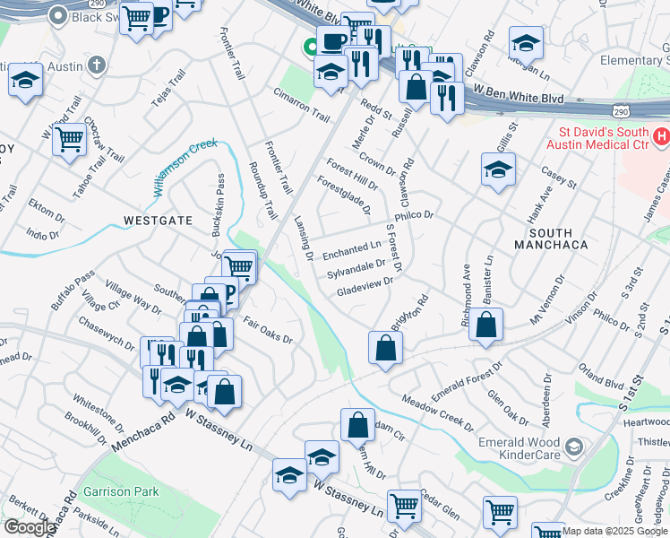 map of restaurants, bars, coffee shops, grocery stores, and more near 4915 Sylvandale Drive in Austin