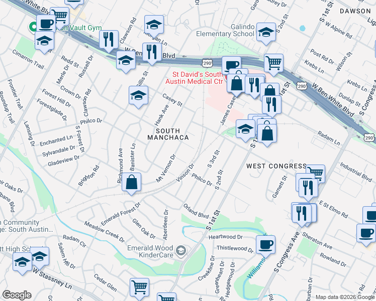 map of restaurants, bars, coffee shops, grocery stores, and more near 907 Redd Street in Austin