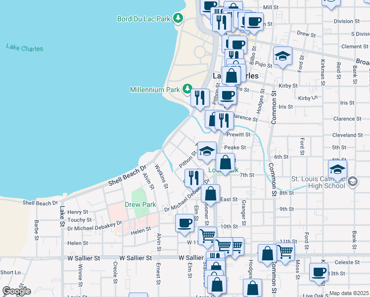 map of restaurants, bars, coffee shops, grocery stores, and more near 330 Wilson Street in Lake Charles