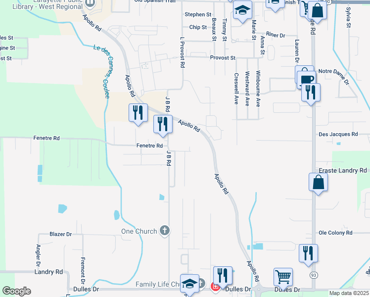 map of restaurants, bars, coffee shops, grocery stores, and more near 301 Lowell Drive in Lafayette