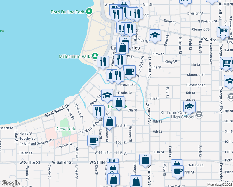 map of restaurants, bars, coffee shops, grocery stores, and more near 1421 Ryan Street in Lake Charles