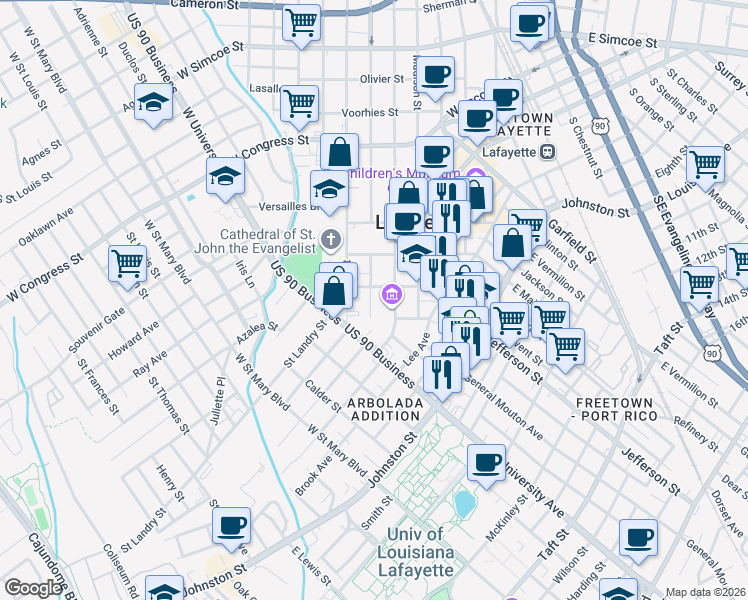 map of restaurants, bars, coffee shops, grocery stores, and more near 1115 South Washington Street in Lafayette