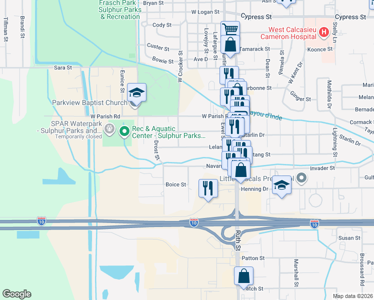 map of restaurants, bars, coffee shops, grocery stores, and more near 415 Leland Street in Sulphur