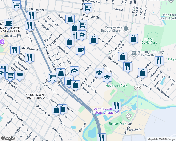map of restaurants, bars, coffee shops, grocery stores, and more near 1300 South Magnolia Street in Lafayette