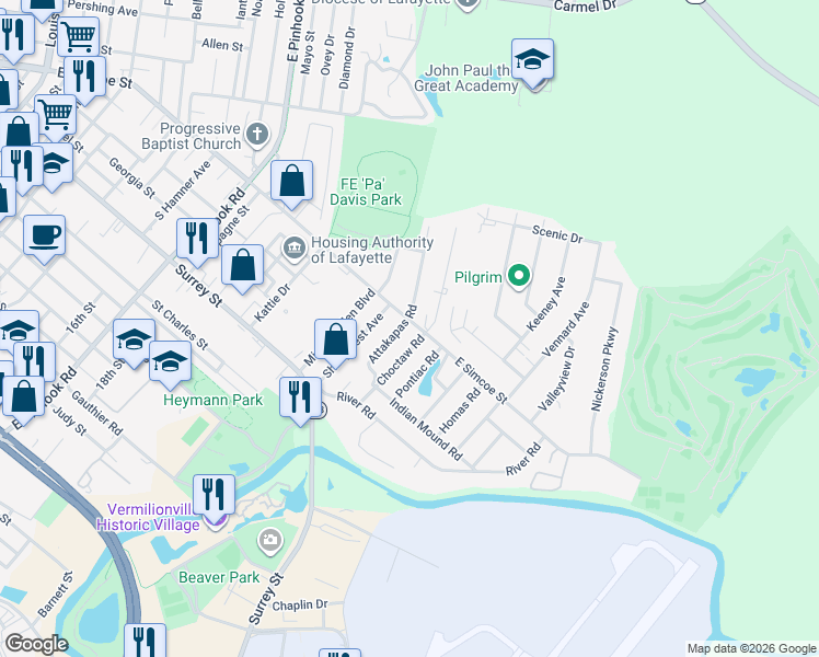 map of restaurants, bars, coffee shops, grocery stores, and more near 2819 East Simcoe Street in Lafayette