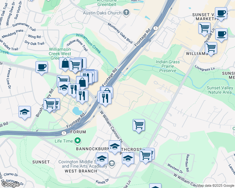 map of restaurants, bars, coffee shops, grocery stores, and more near 66110 Frontage Road in Austin