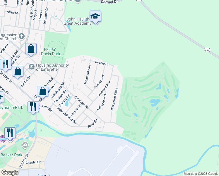 map of restaurants, bars, coffee shops, grocery stores, and more near 308 Vennard Avenue in Lafayette