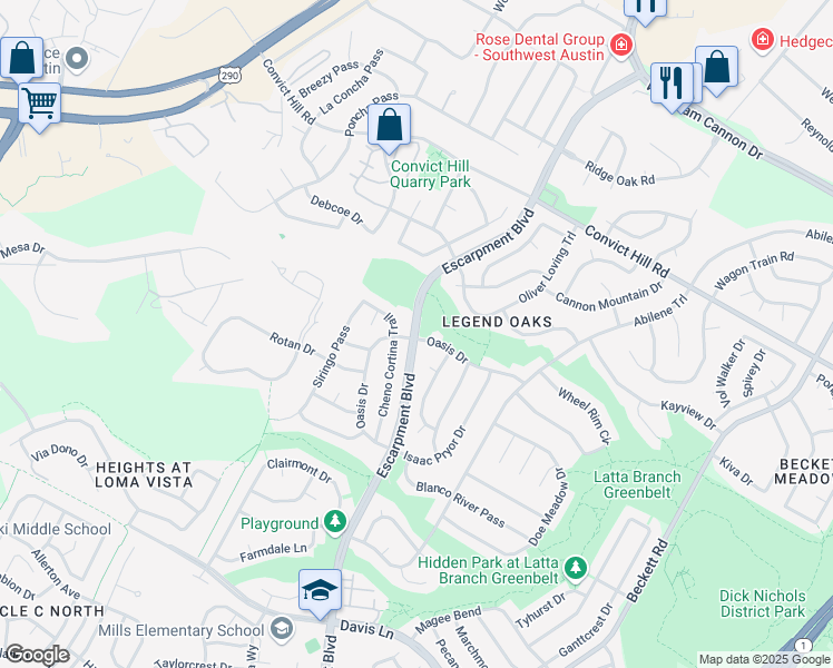 map of restaurants, bars, coffee shops, grocery stores, and more near Escarpment Boulevard in Austin