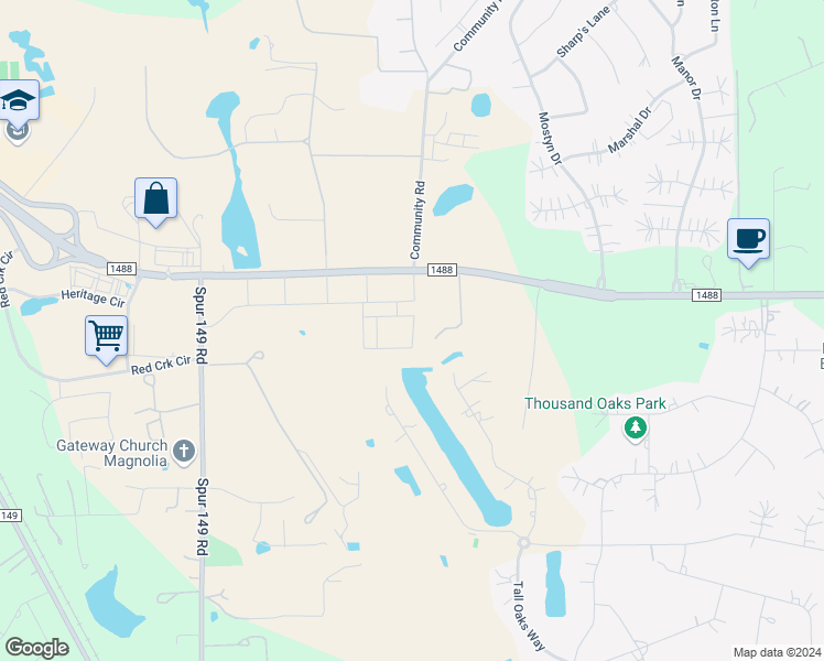 map of restaurants, bars, coffee shops, grocery stores, and more near 4255 Magnolia Village Drive in Magnolia