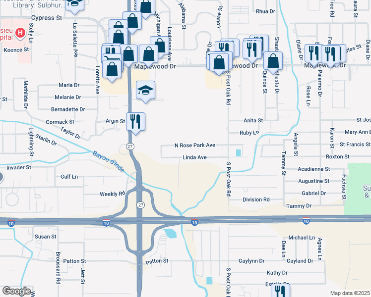 map of restaurants, bars, coffee shops, grocery stores, and more near 2204 North Rose Park Avenue in Sulphur
