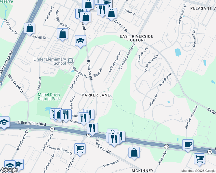 map of restaurants, bars, coffee shops, grocery stores, and more near 3105 Collins Creek Drive in Austin