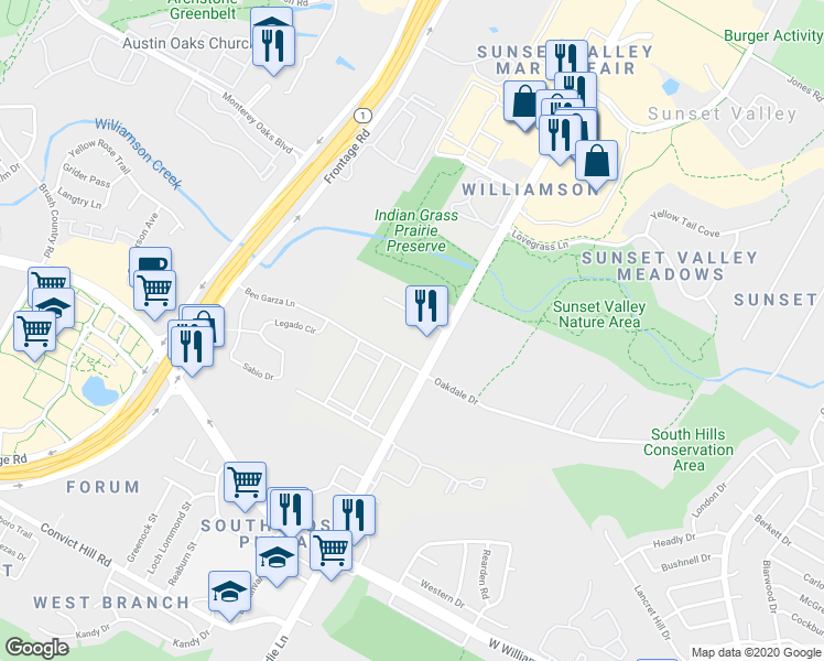 map of restaurants, bars, coffee shops, grocery stores, and more near 3610 Country White Lane in Austin