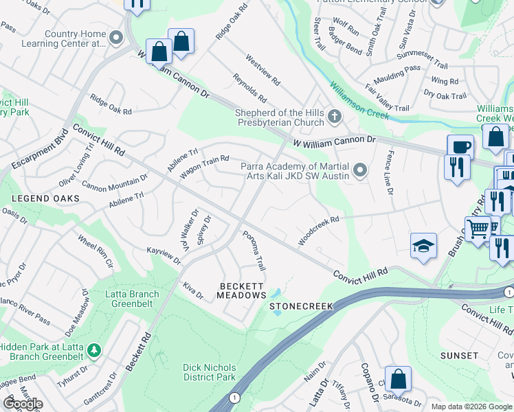 map of restaurants, bars, coffee shops, grocery stores, and more near 7202 Beckett Road in Austin
