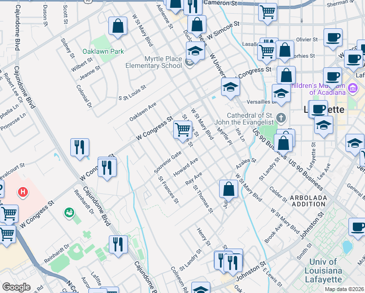 map of restaurants, bars, coffee shops, grocery stores, and more near 108 Annette Street in Lafayette