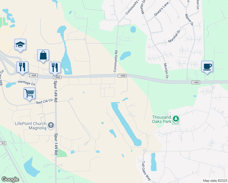 map of restaurants, bars, coffee shops, grocery stores, and more near 409 Community Road in Magnolia