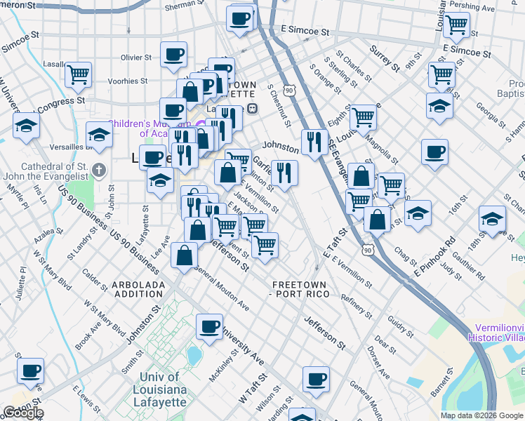 map of restaurants, bars, coffee shops, grocery stores, and more near 613 E Vermilion St in Lafayette